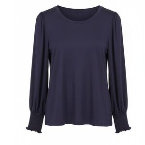 CeCe Navy Blue Crew Neck Puff Sleeve Smocked Wrist Blouse Medium